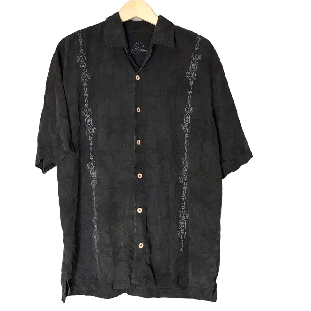 Tommy Bahama Silk Camp Shirt Premium Cigars Black Grey Embroidered Men’s Large